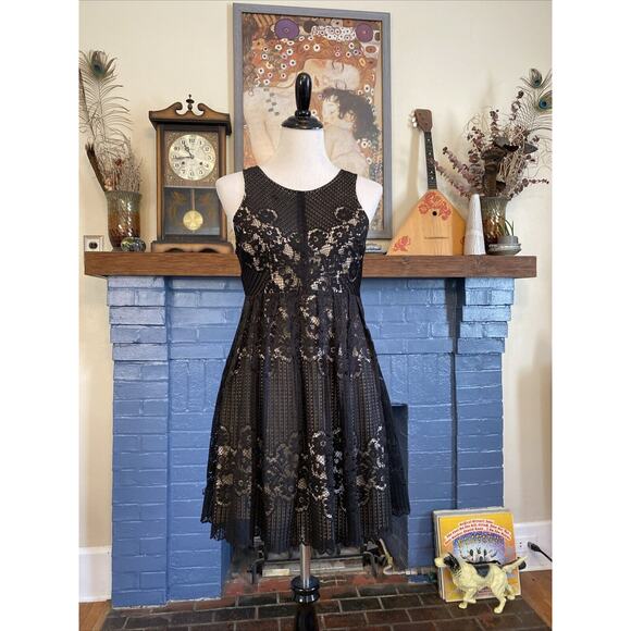 Free People Dresses & Skirts - Free People Rocco Dress Black Lace Overlay Sleeveless Open Back Sz 4 Mini Sheer
